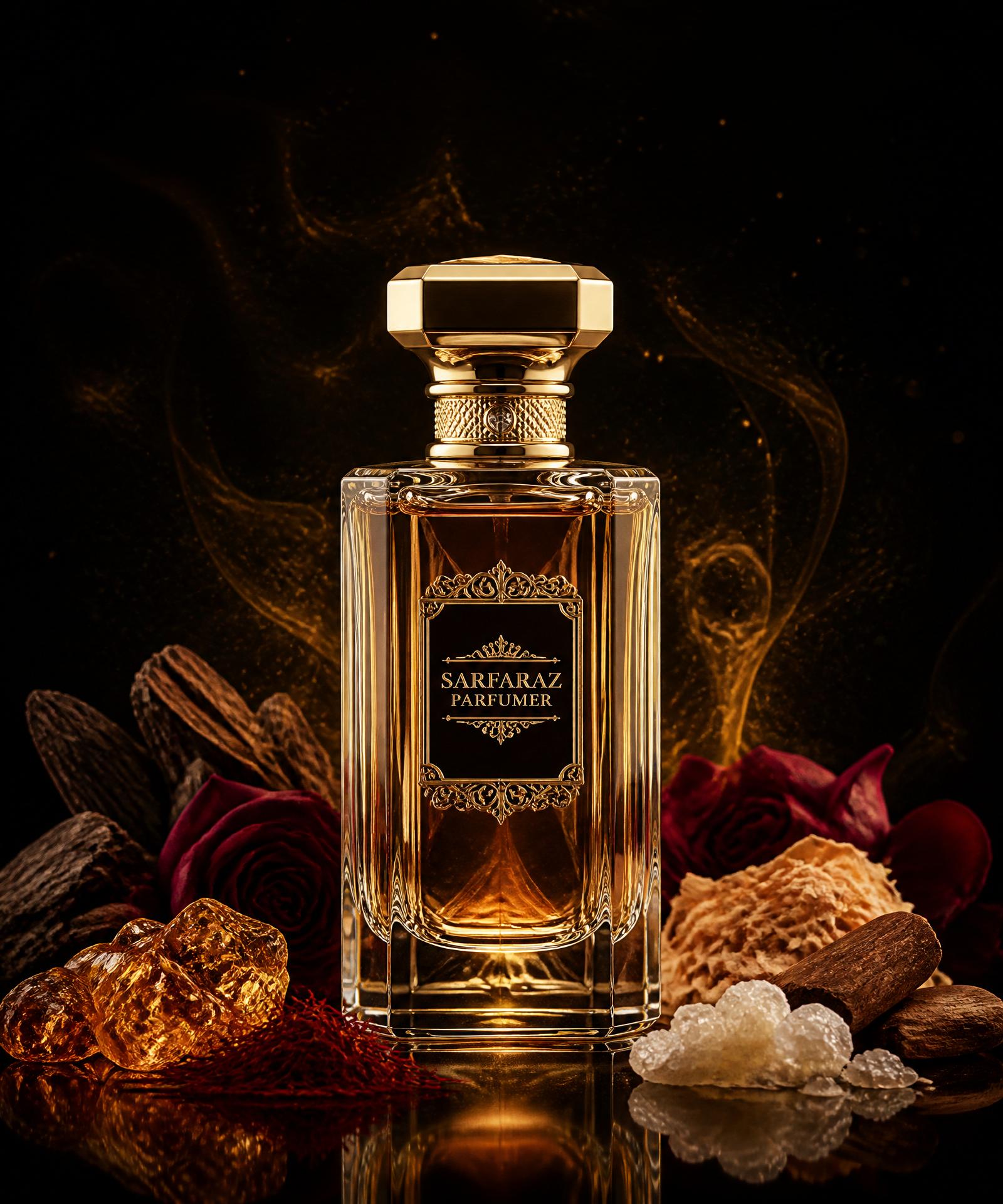 Sarfaraz Parfumer — crystal perfume bottle surrounded by oud wood, rose petals, white musk, amber, saffron and sandalwood